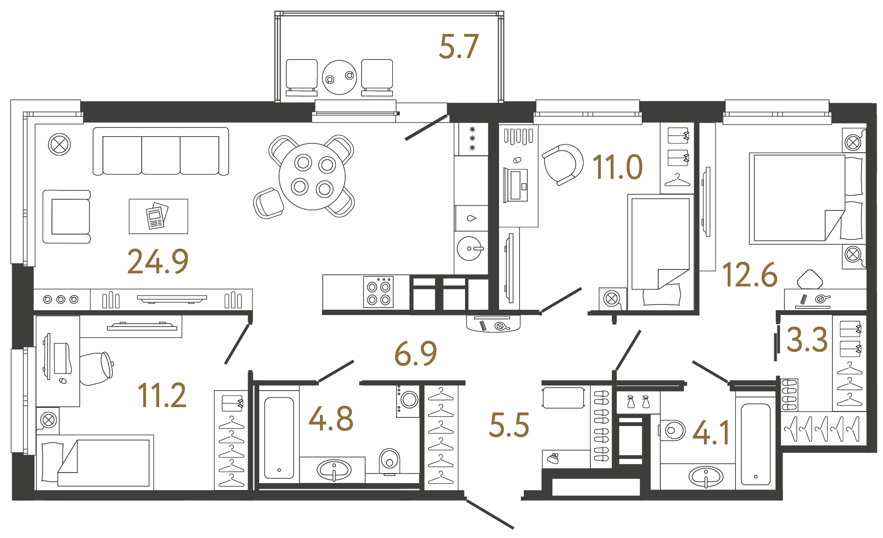 Трёхкомнатная квартира 84.3 м²