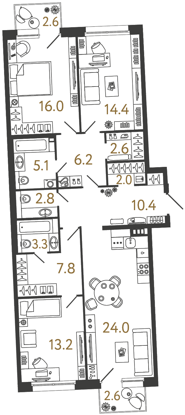 3-комнатная 107.8 м², 2 этаж