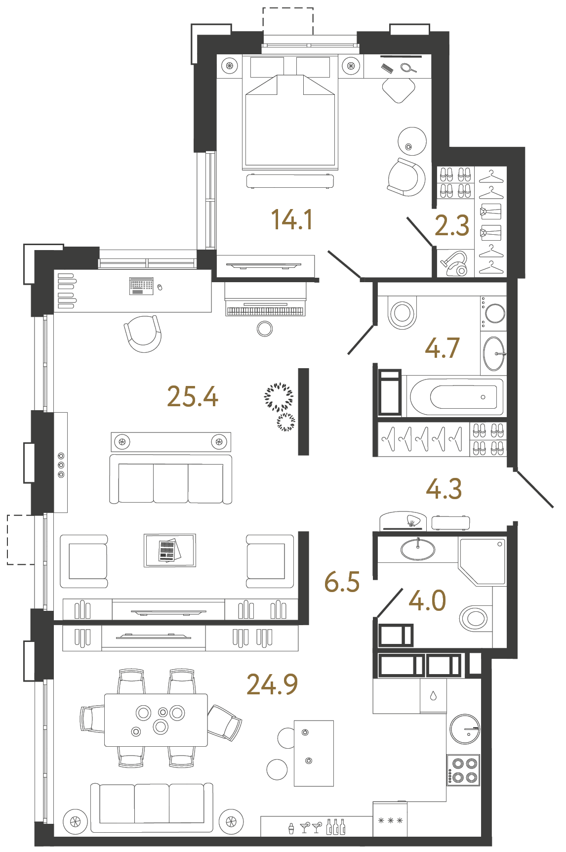 Двухкомнатная квартира 86.2 м²