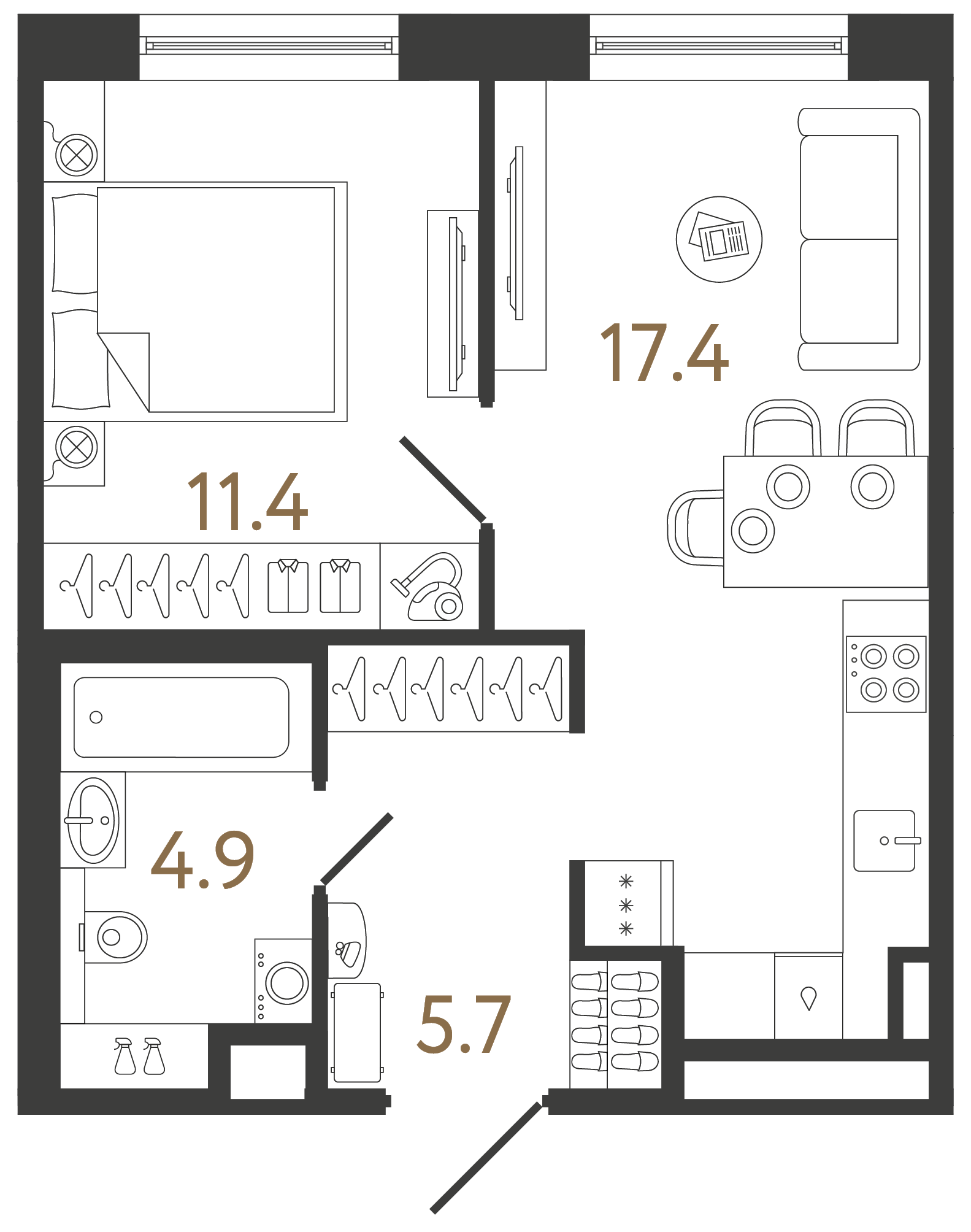 Однокомнатная квартира 39.4 м²