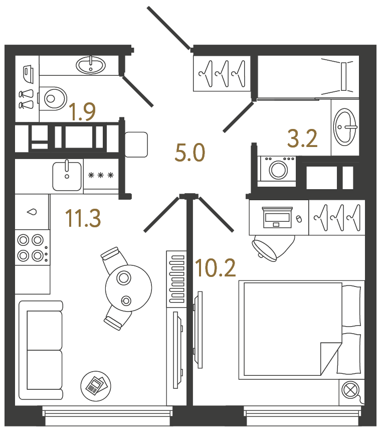 Однокомнатная квартира 31.6 м²