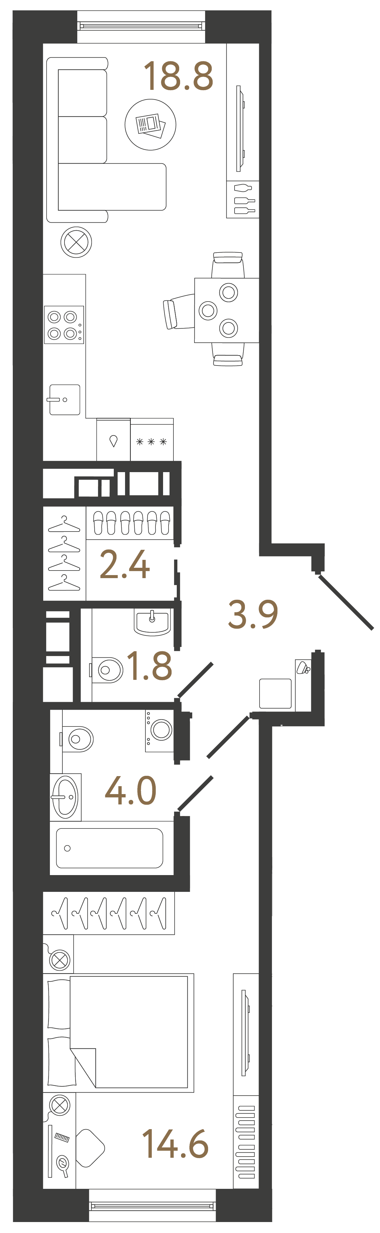 Однокомнатная квартира 45.5 м²