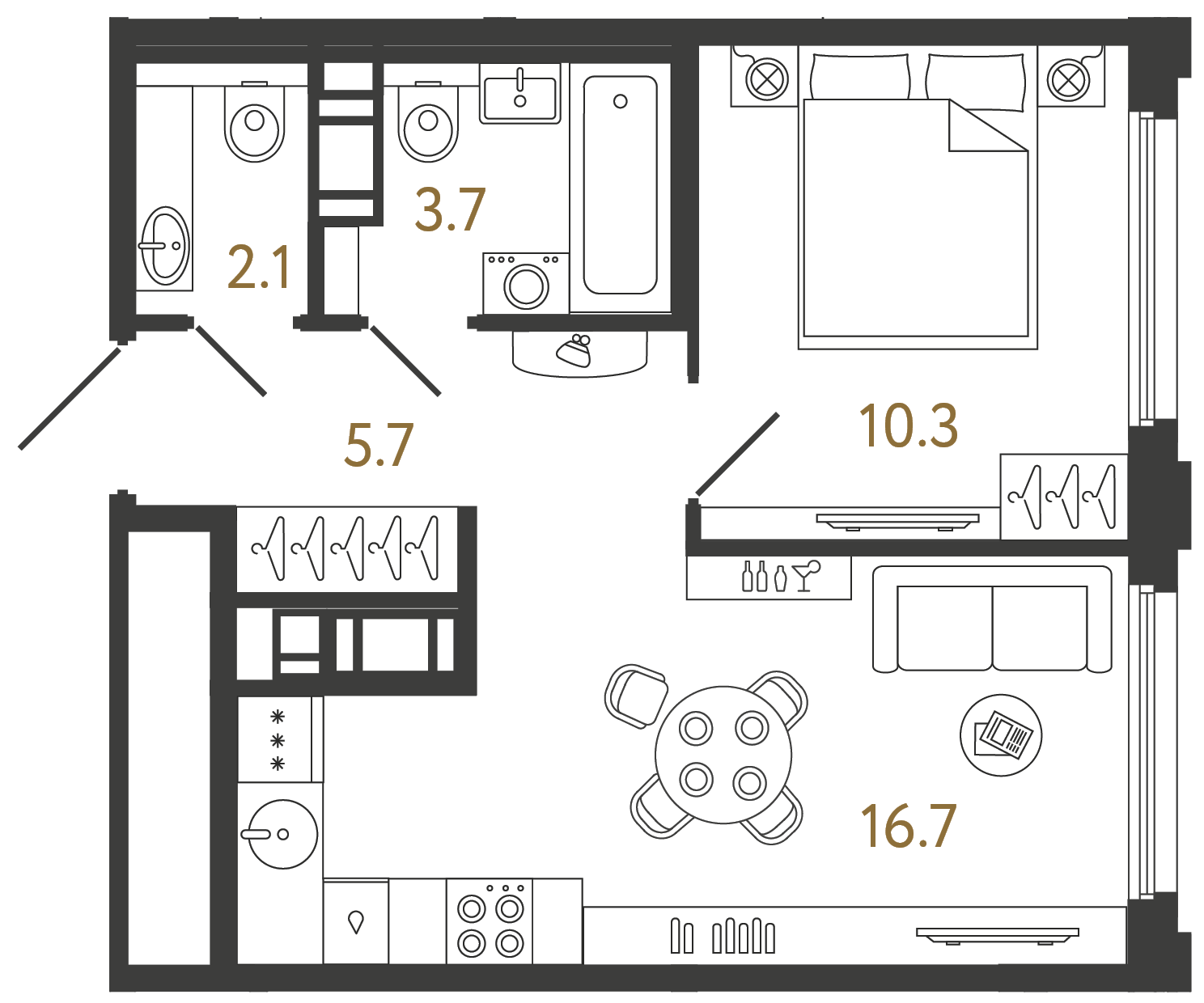 Однокомнатная квартира 38.5 м²