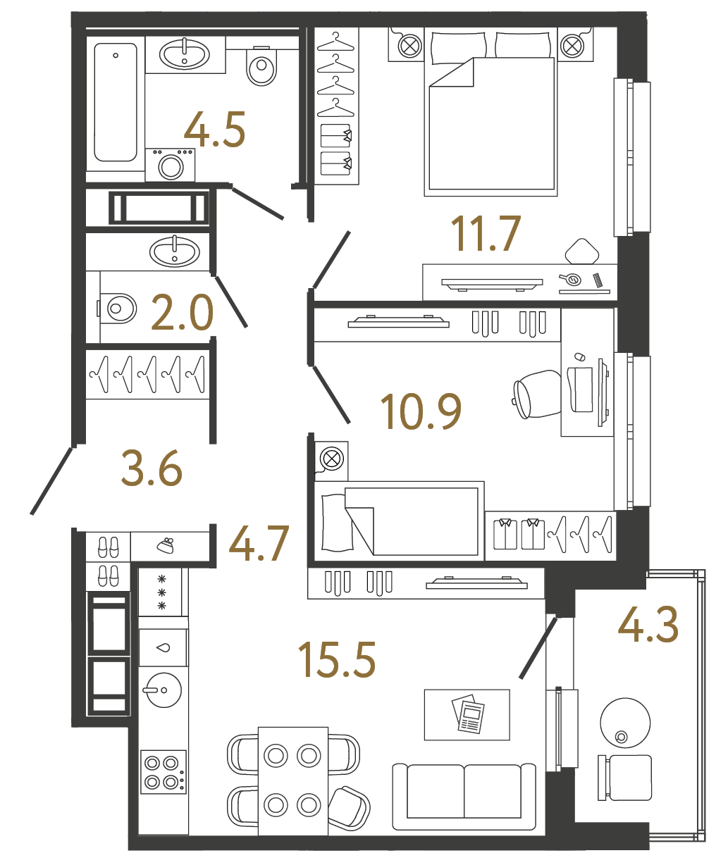 Двухкомнатная квартира 52.9 м²
