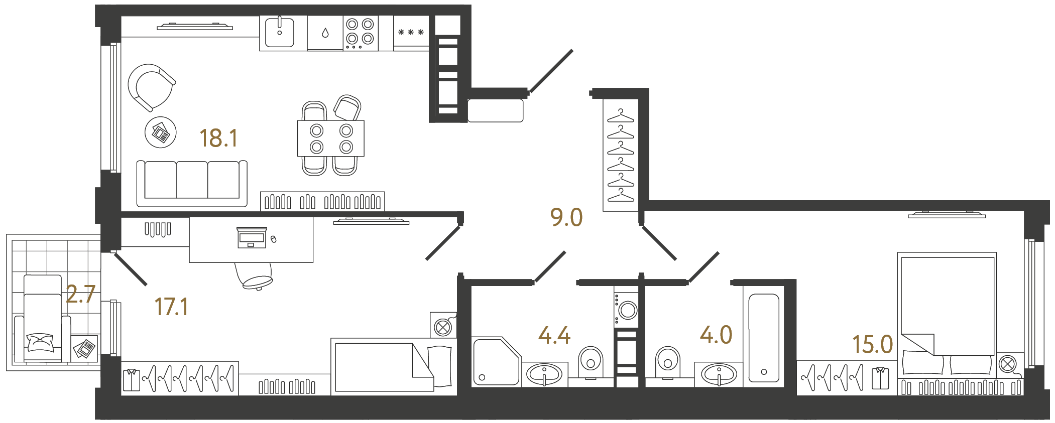 Двухкомнатная квартира 67.6 м²