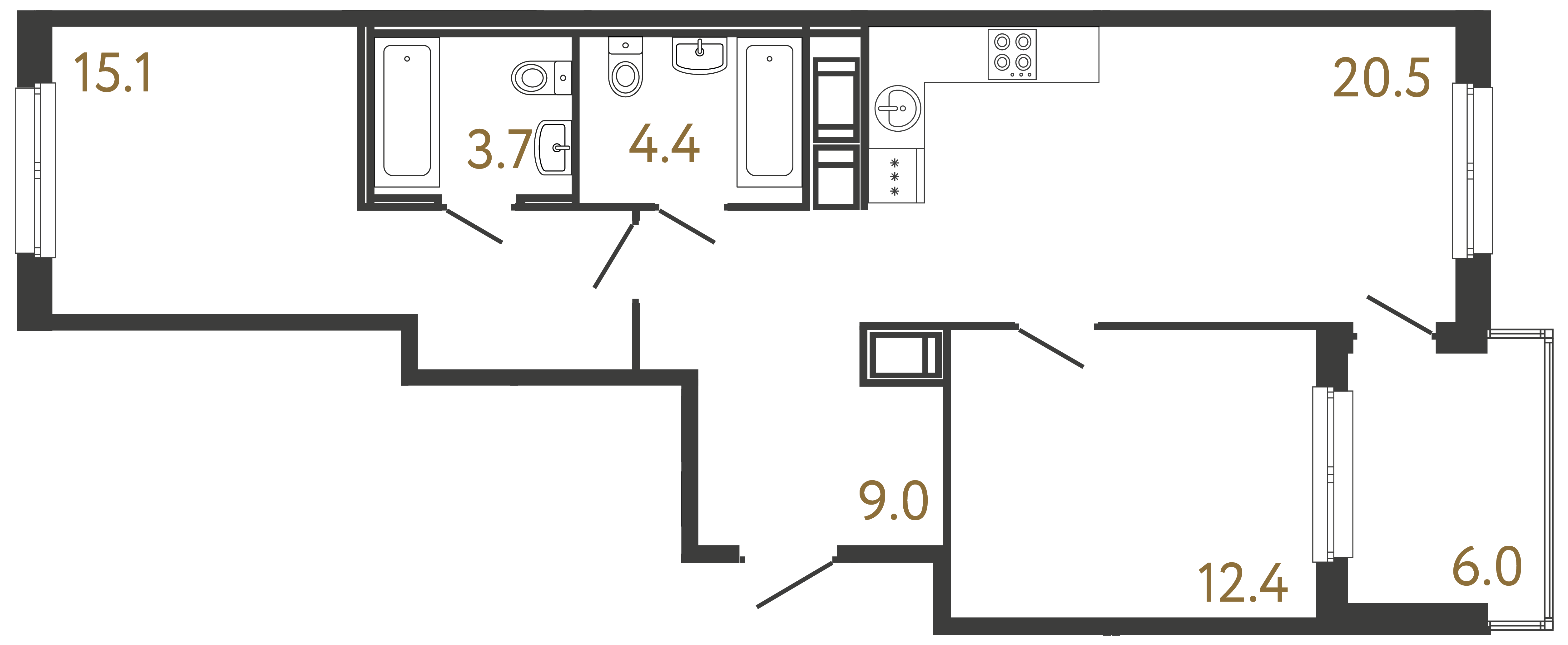 Двухкомнатная квартира 65.1 м²