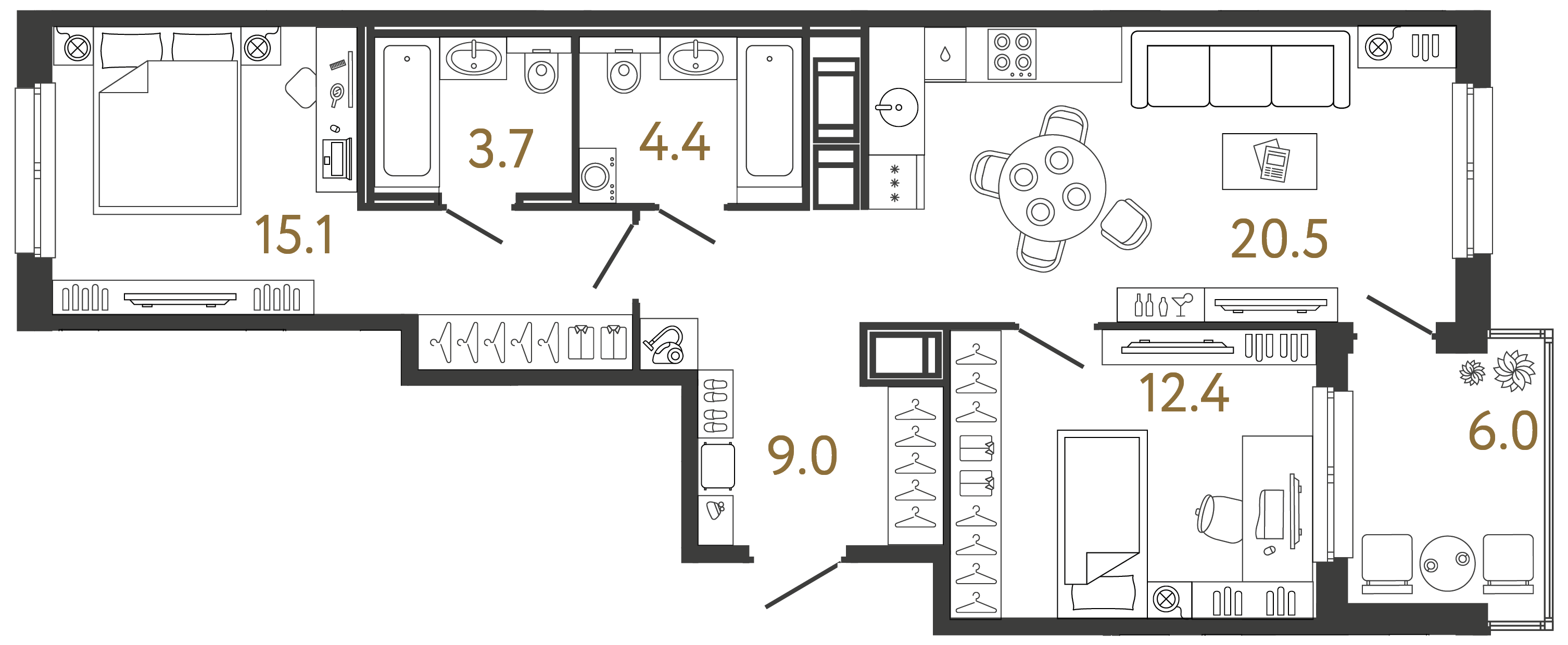 Двухкомнатная квартира 65.1 м²