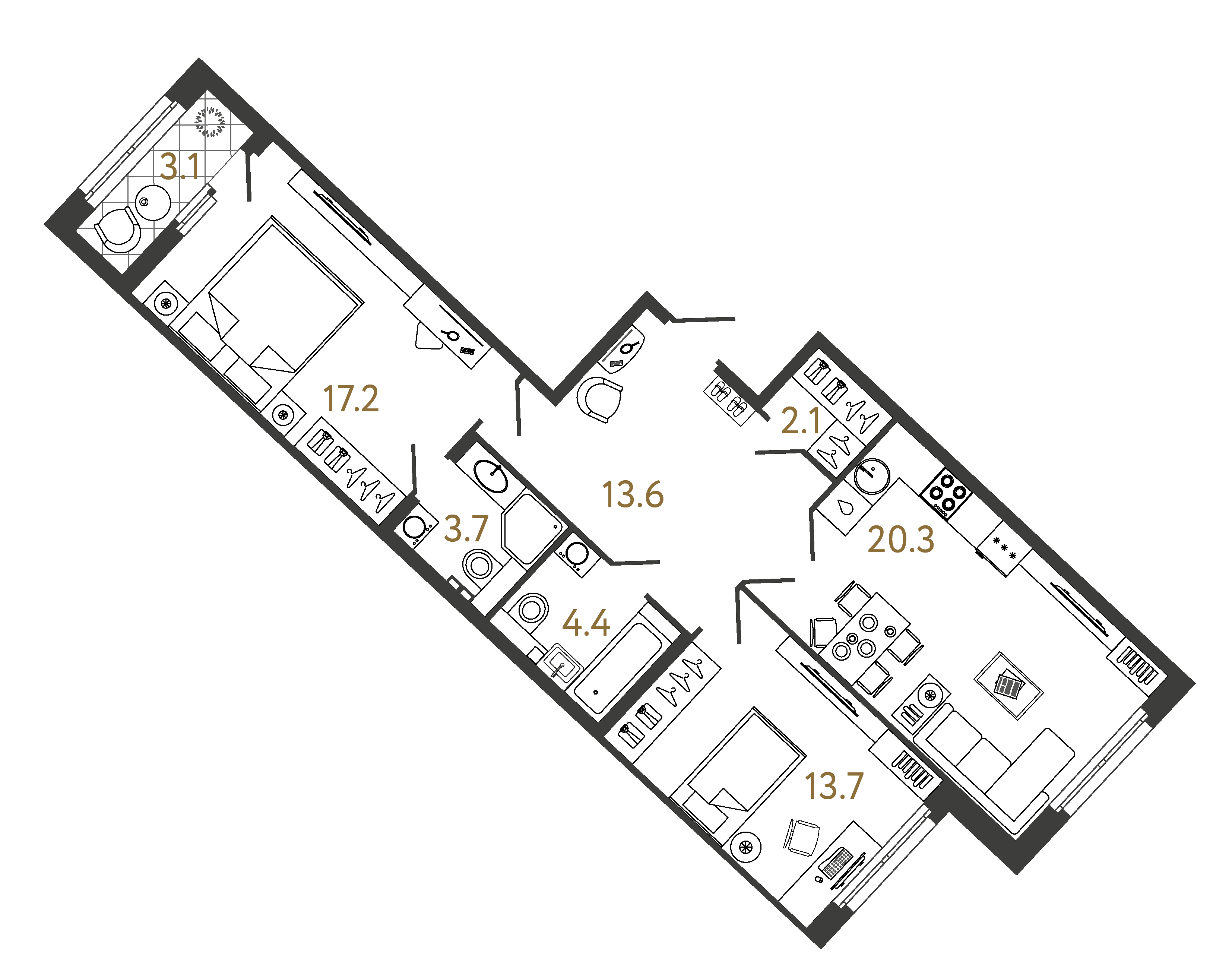 Двухкомнатная квартира 75 м²