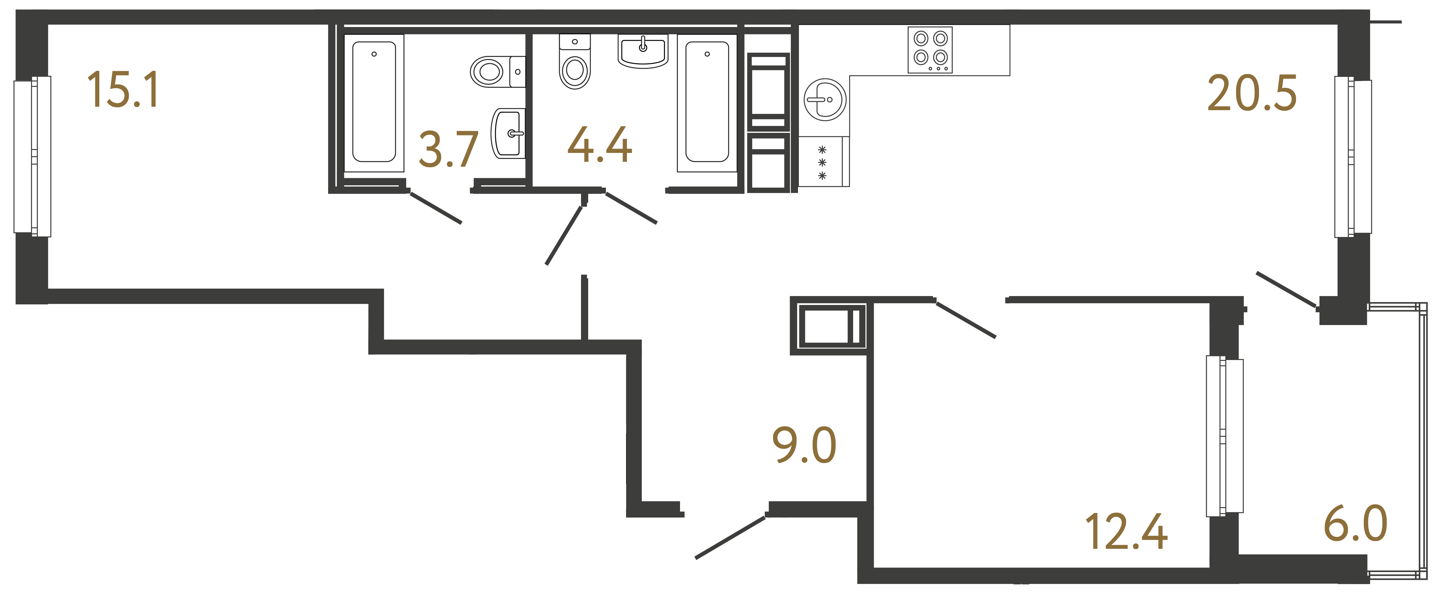 Двухкомнатная квартира 65.1 м²
