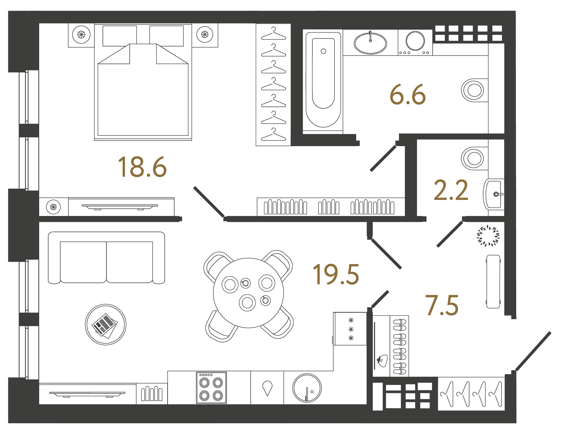 Однокомнатная квартира 54.4 м²