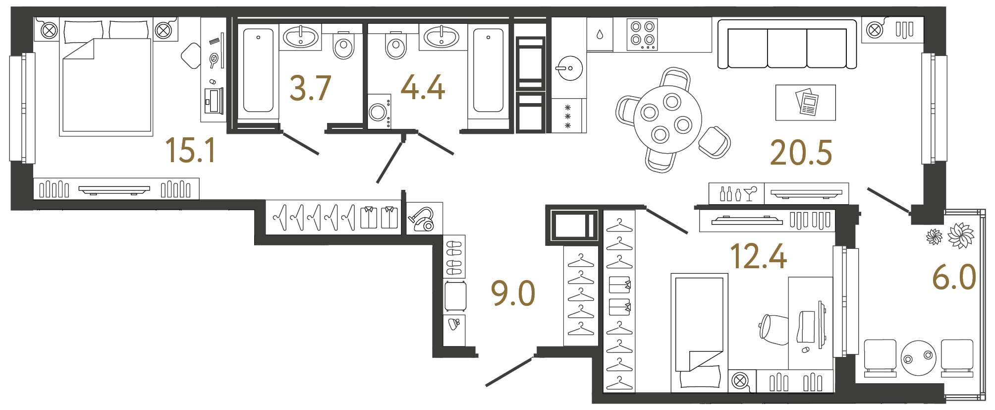 Двухкомнатная квартира 65.1 м²
