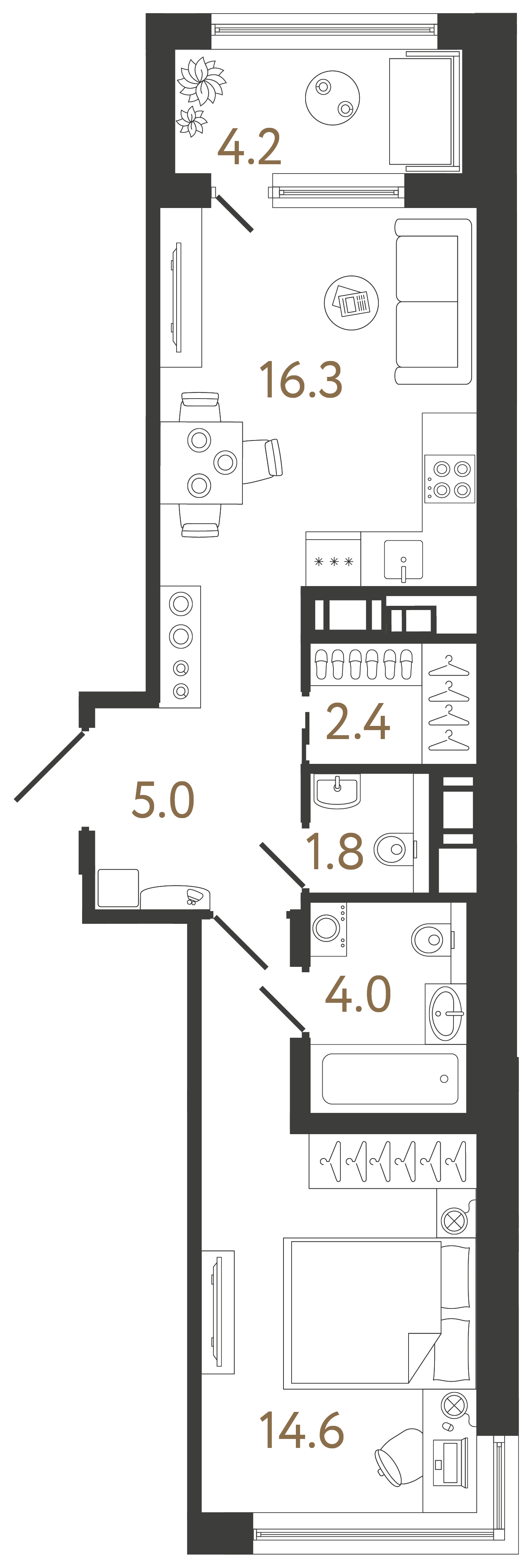 Однокомнатная квартира 44.1 м²