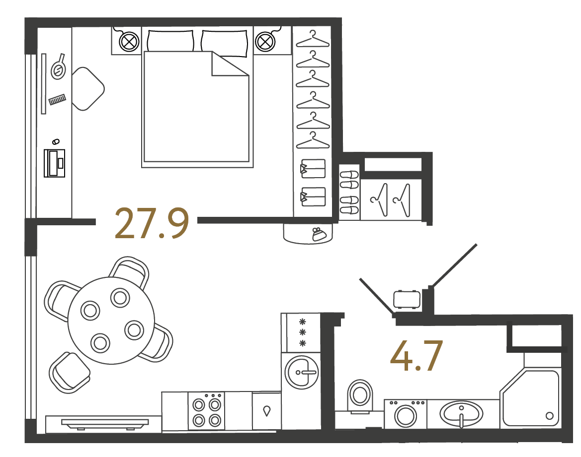 Однокомнатный номер 32.6 м²