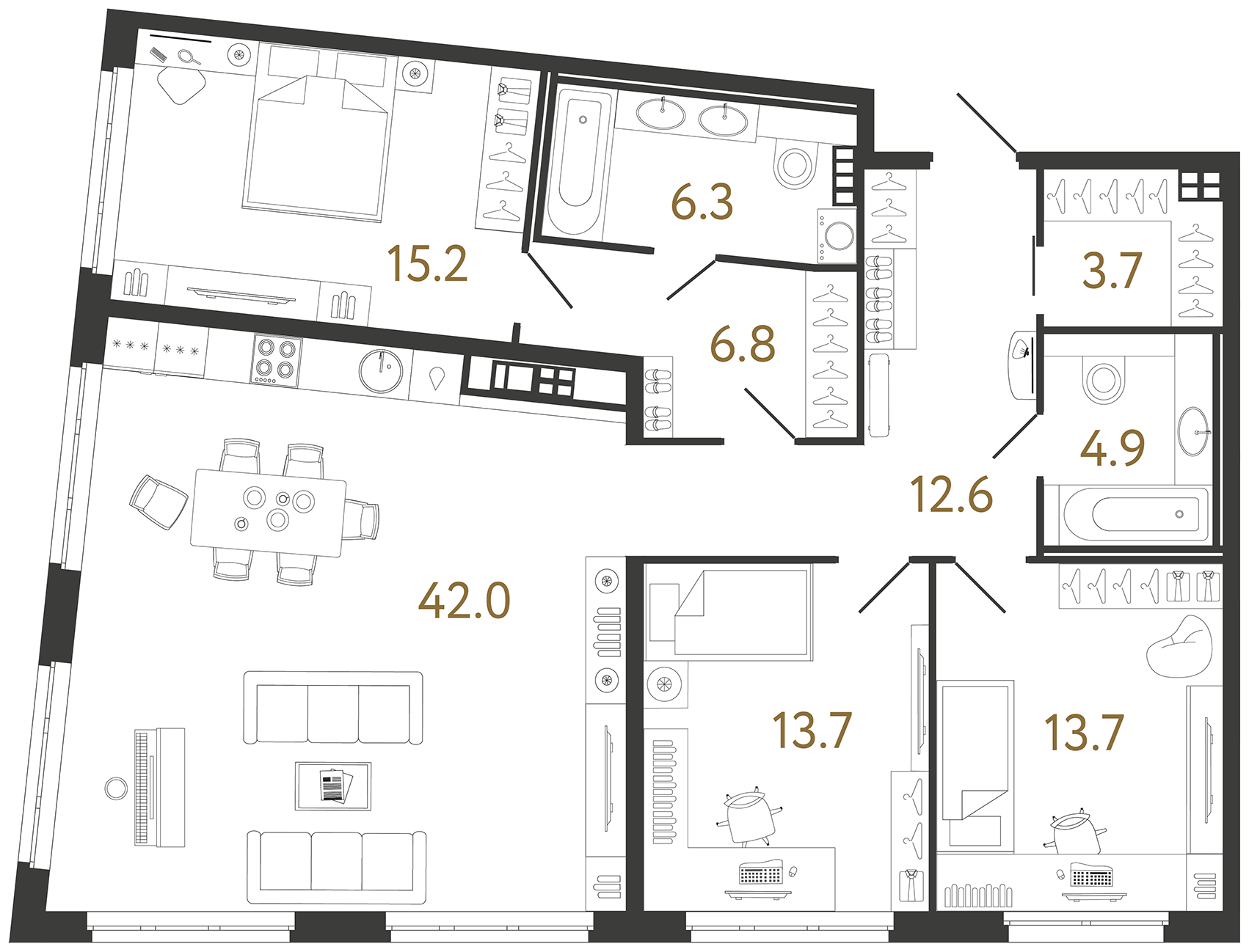 Трёхкомнатная квартира 118.9 м²