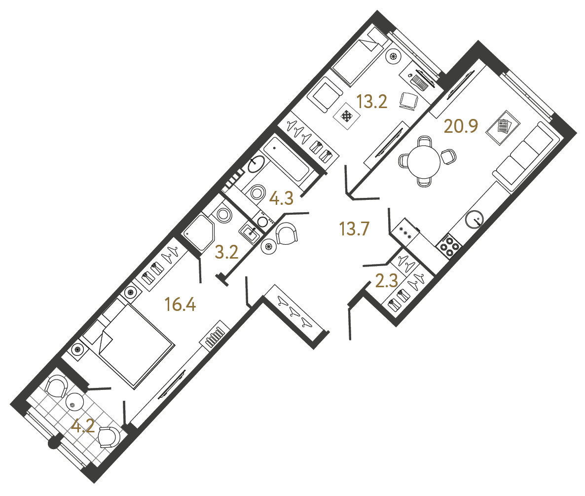 Двухкомнатная квартира 74 м²