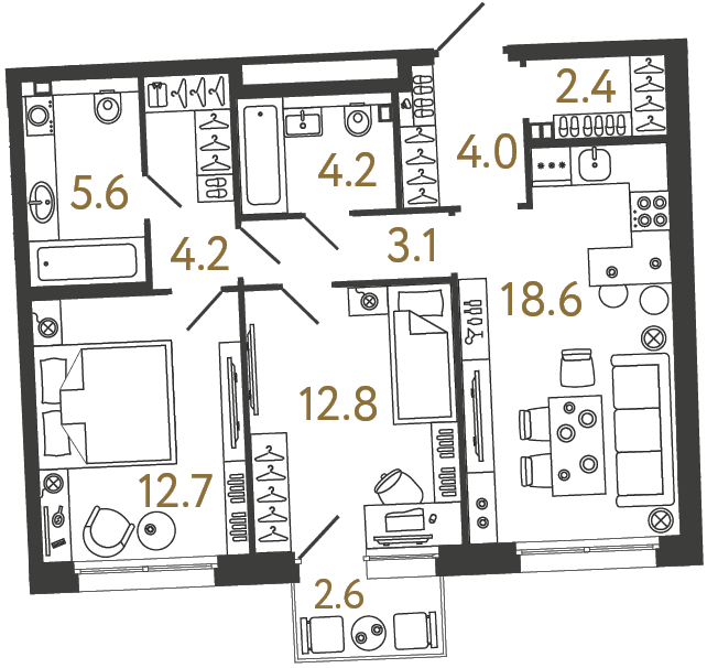 2-комнатная 67.6 м², 2 этаж