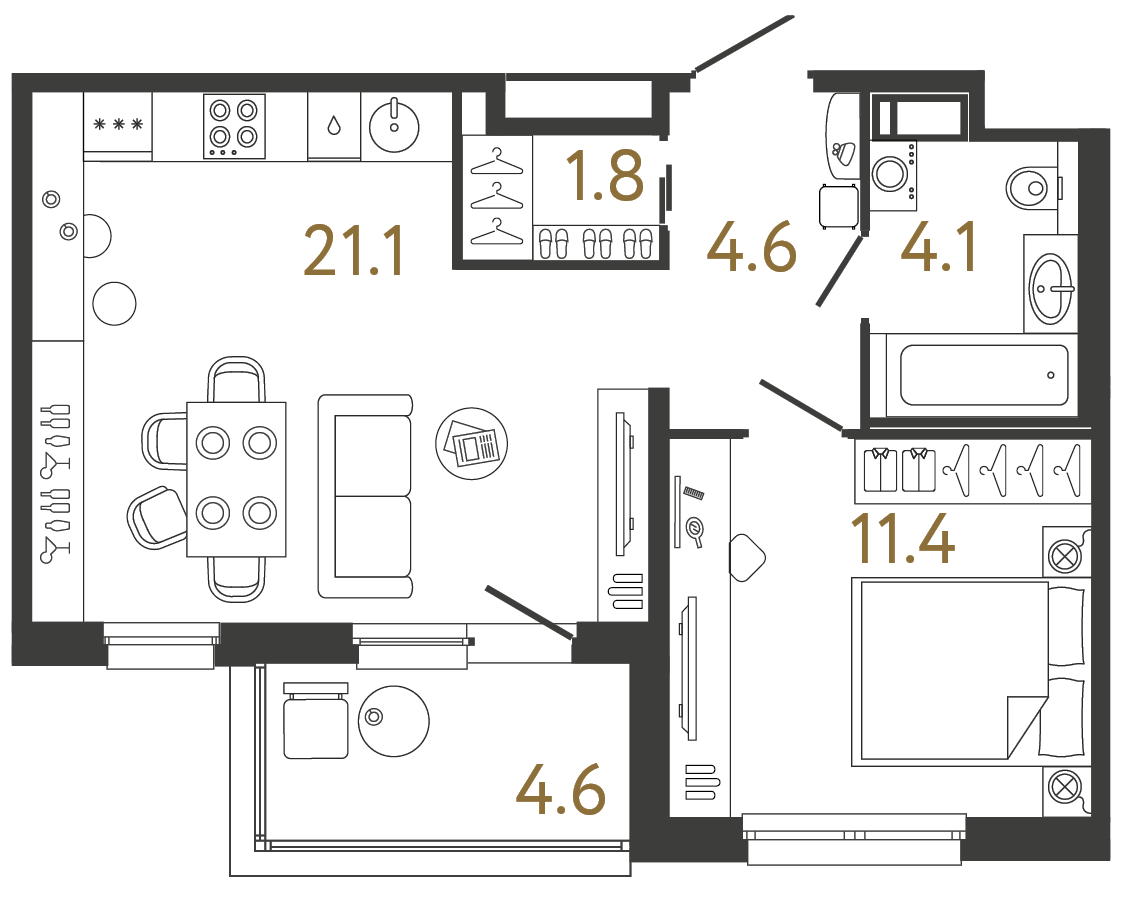 Однокомнатная квартира 43 м²