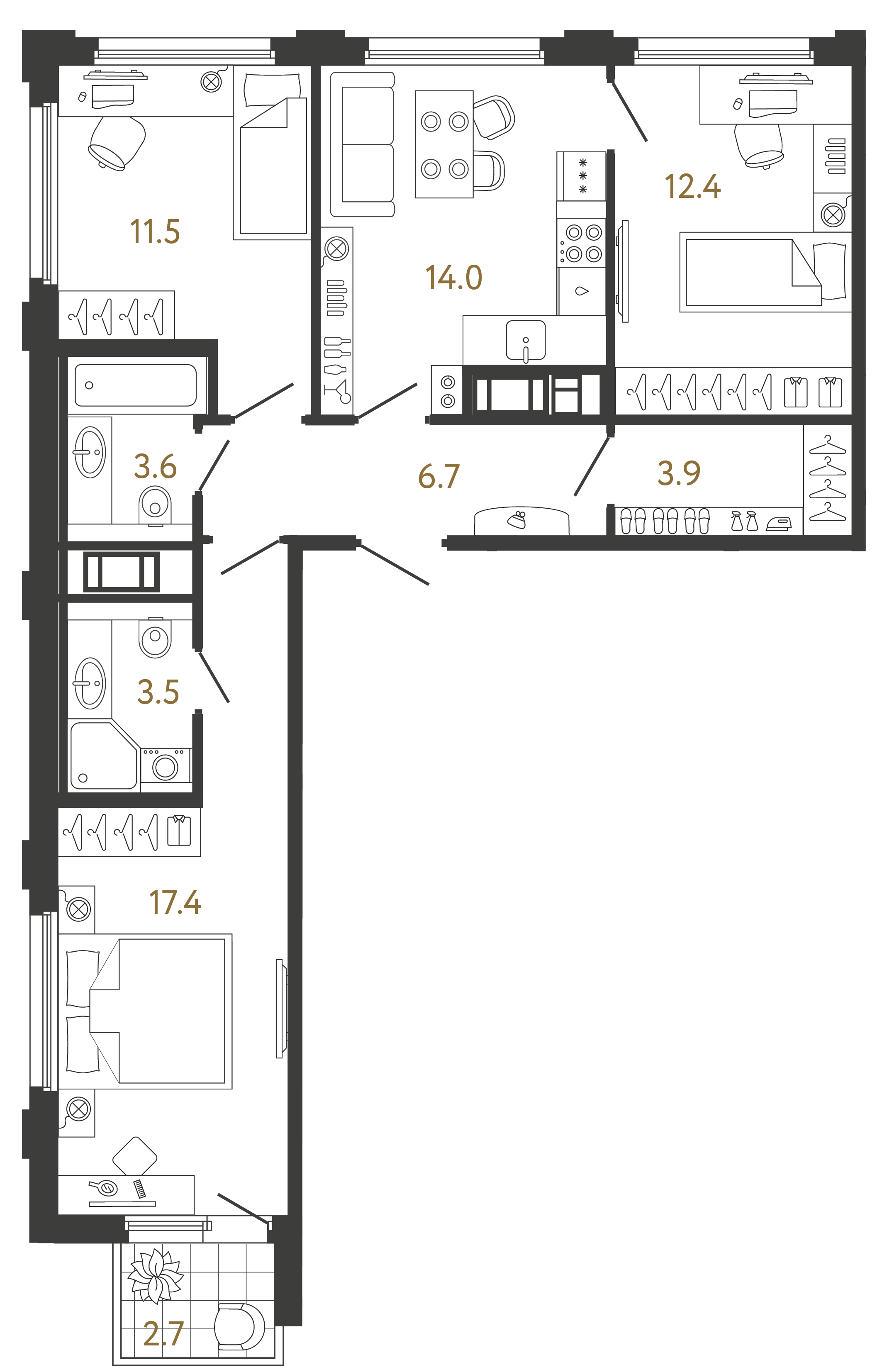 Трёхкомнатная квартира 73 м²