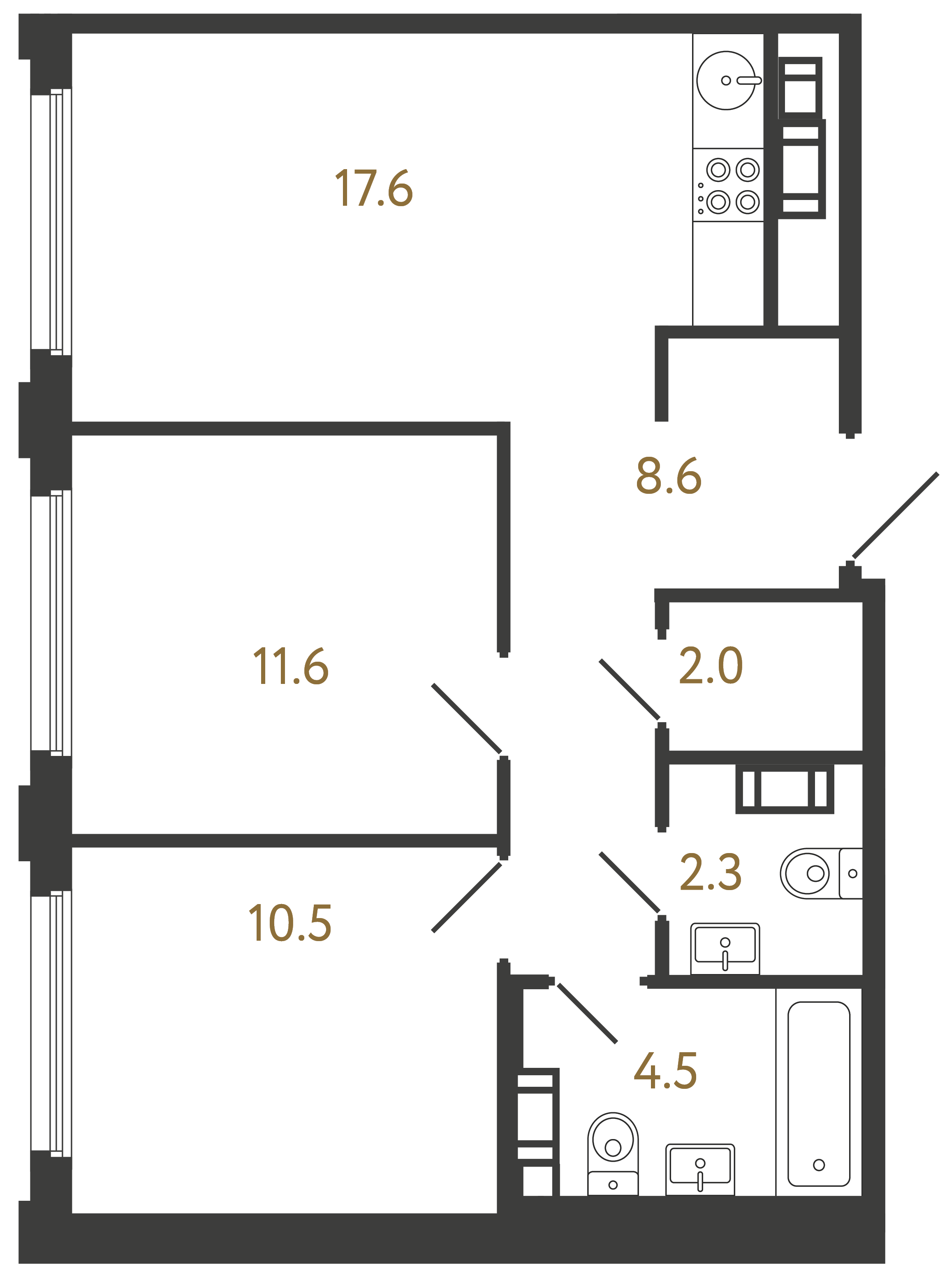 Двухкомнатная квартира 57.1 м²