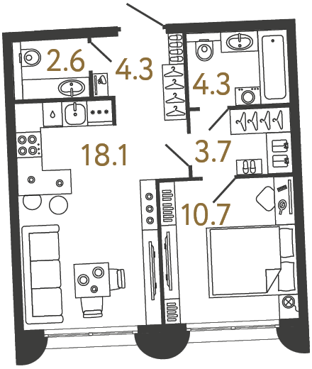 1-комнатная 43.7 м², 1 этаж