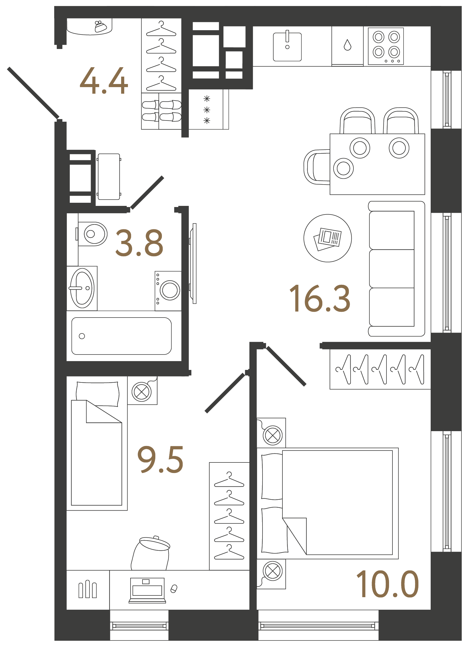 Двухкомнатная квартира 44 м²