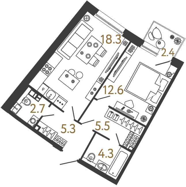 Однокомнатная квартира 48.7 м²