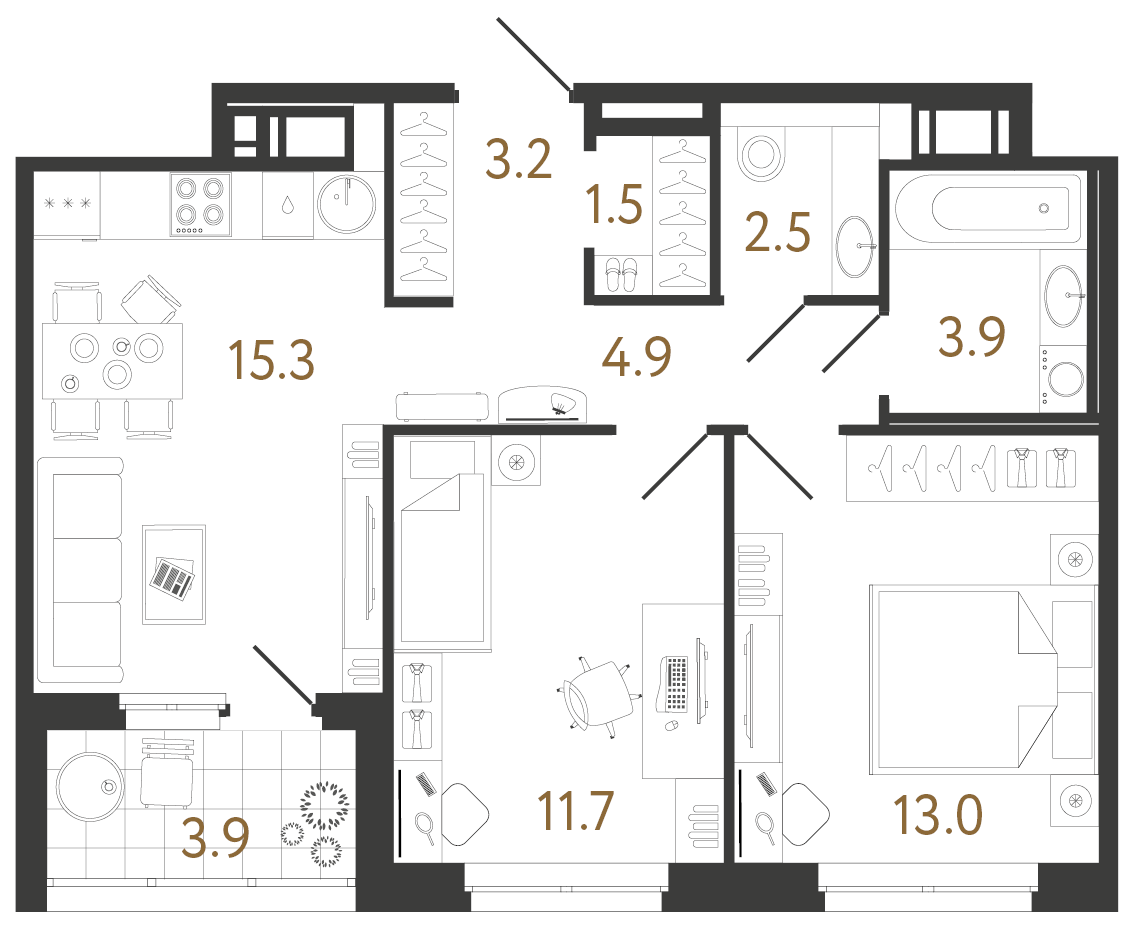 Двухкомнатная квартира 56 м²