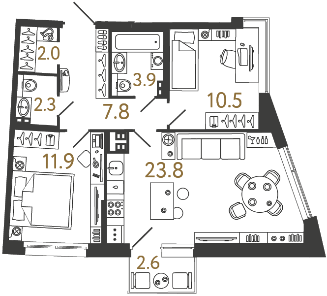 Двухкомнатная квартира №91 в ЖК Цвет Зеленогорска - 62.2 м²