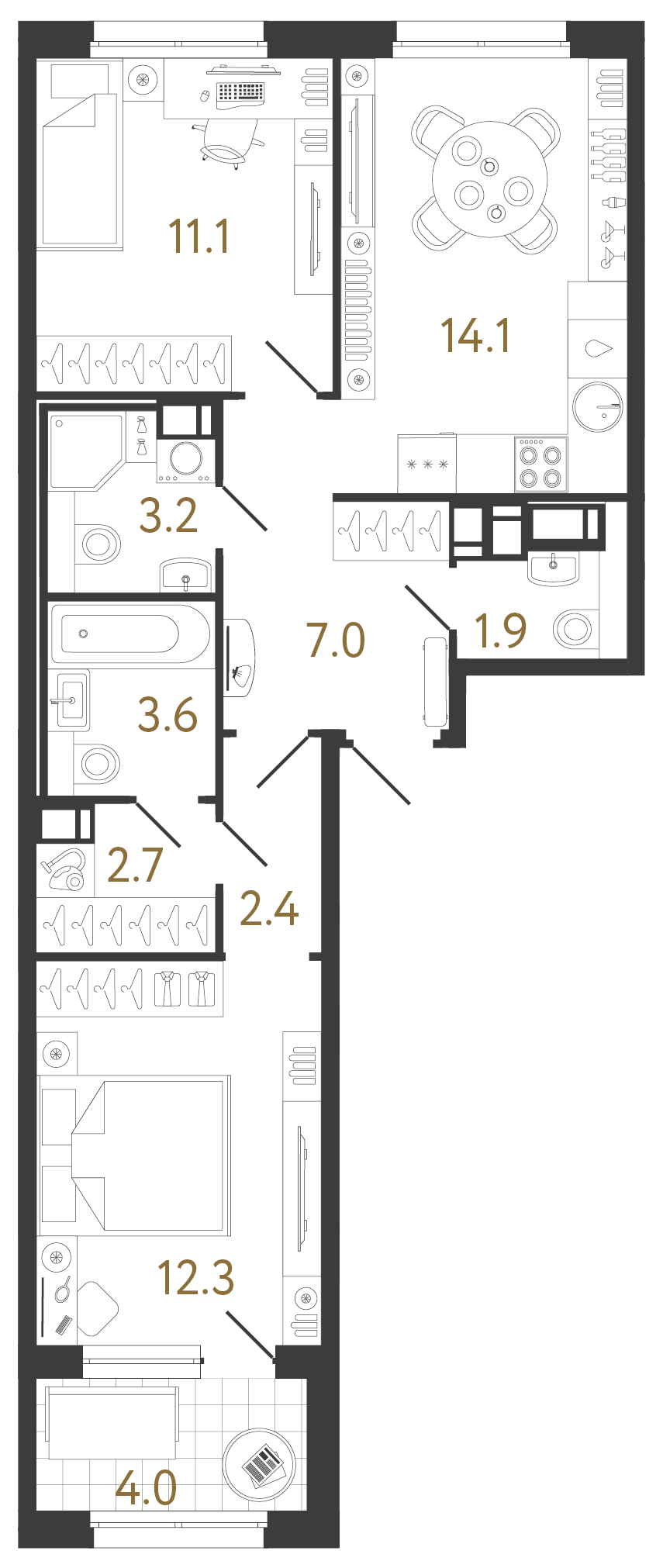 Двухкомнатная квартира 58.3 м²