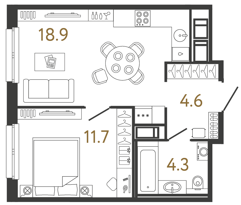 Однокомнатная квартира 39.5 м²