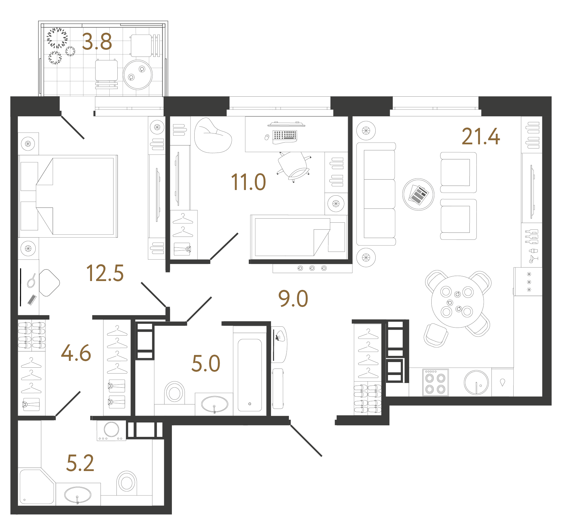 Двухкомнатная квартира 68.7 м²