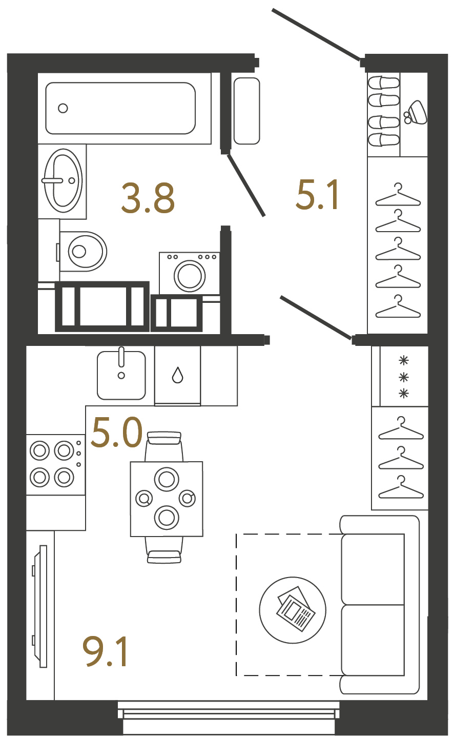 Трёхкомнатная квартира 73 м²