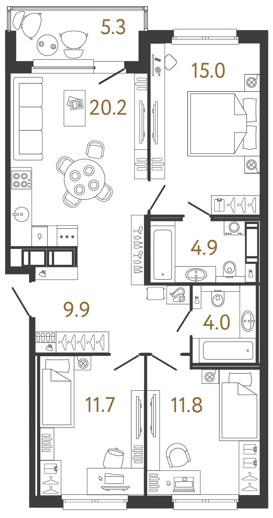 Трёхкомнатная квартира 77.5 м²