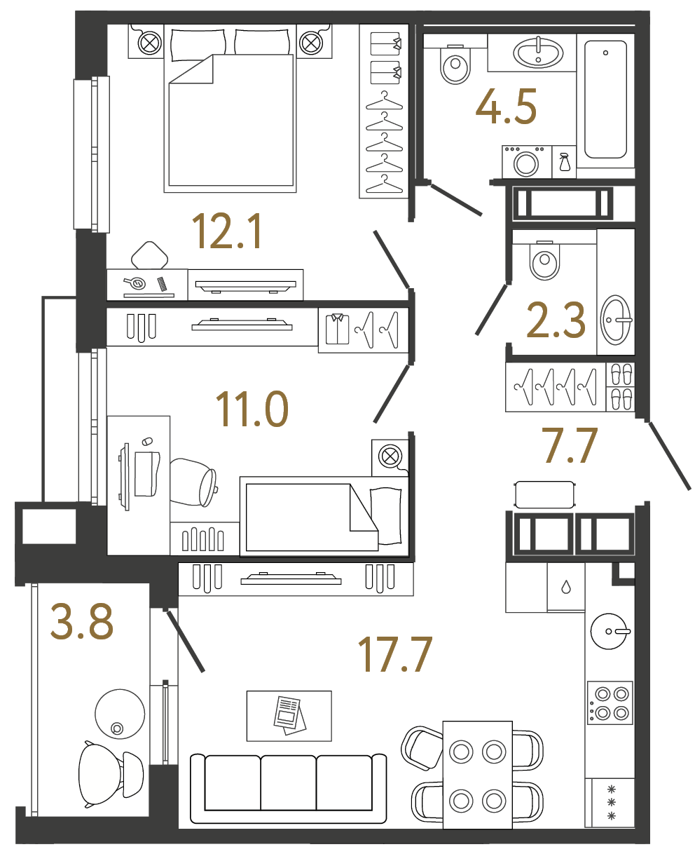 Двухкомнатная квартира 55.3 м²