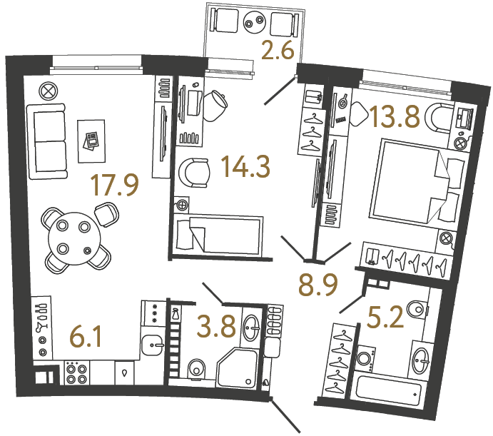 Двухкомнатная квартира №48 в ЖК Цвет Зеленогорска - 70 м²