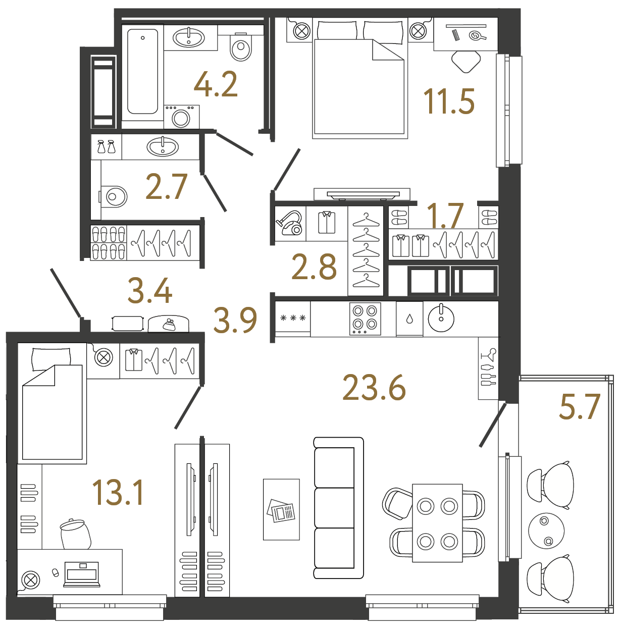 Двухкомнатная квартира 67 м²