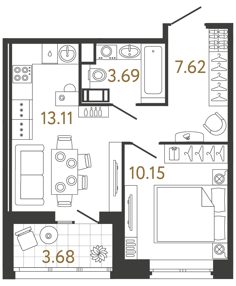 Однокомнатная квартира 34.57 м²