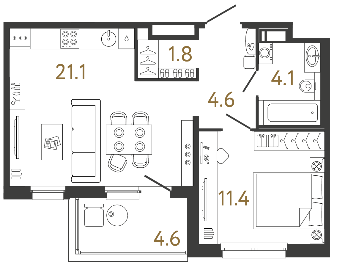 Однокомнатная квартира 43 м²