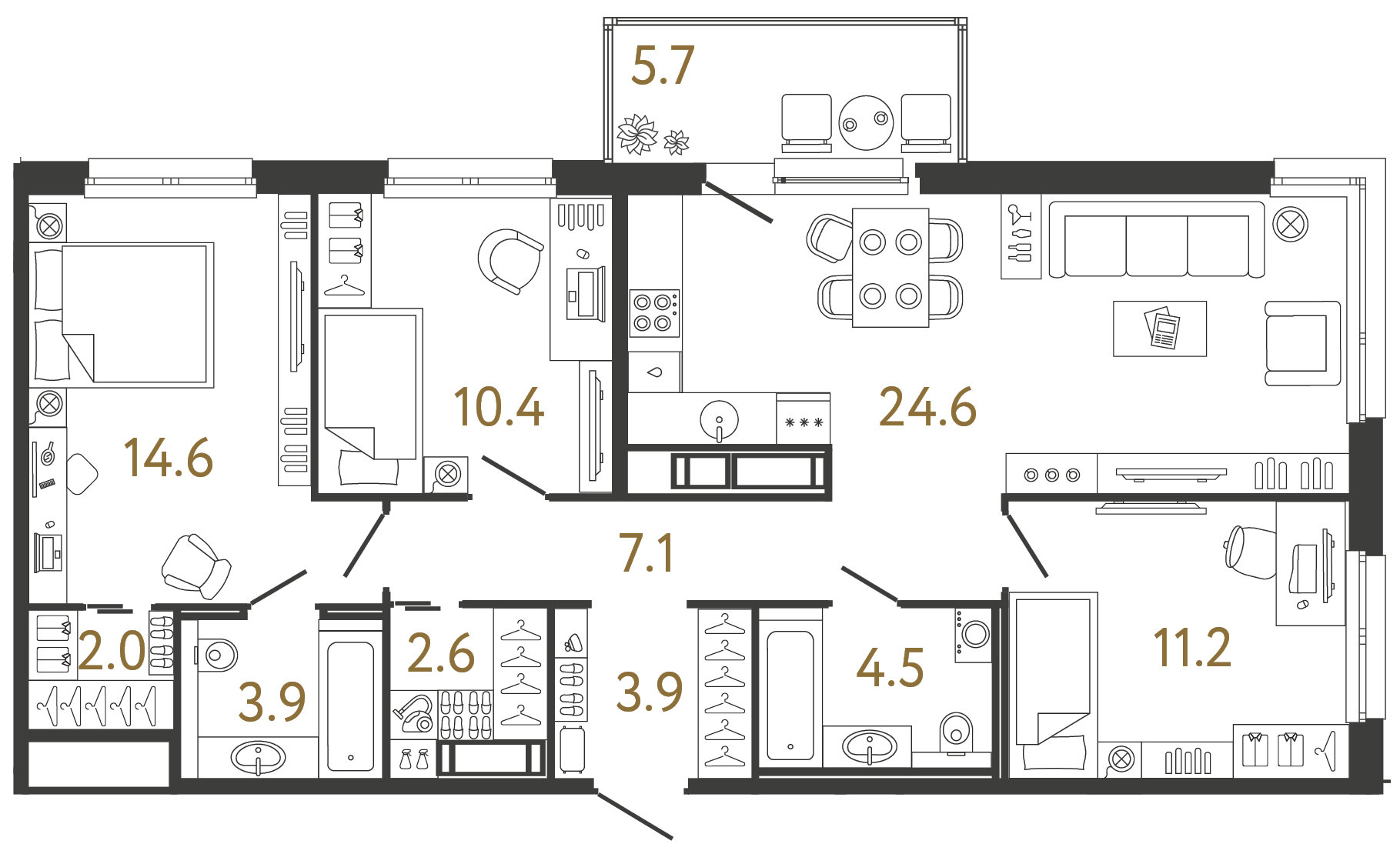 Трёхкомнатная квартира 84.8 м²