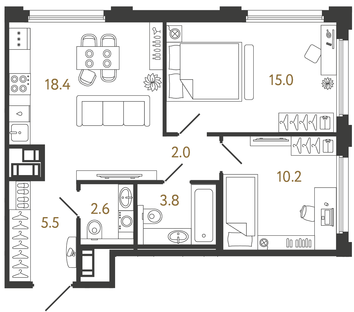 Двухкомнатная квартира 57.5 м²