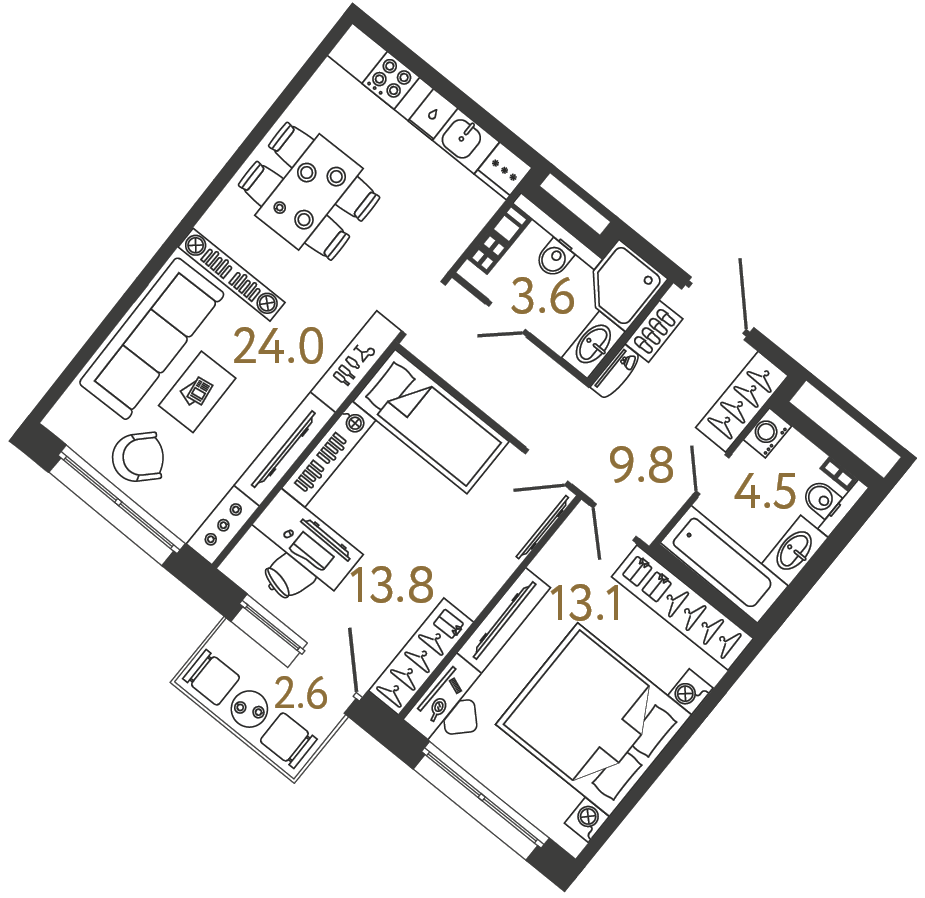 Двухкомнатная квартира 68.8 м²