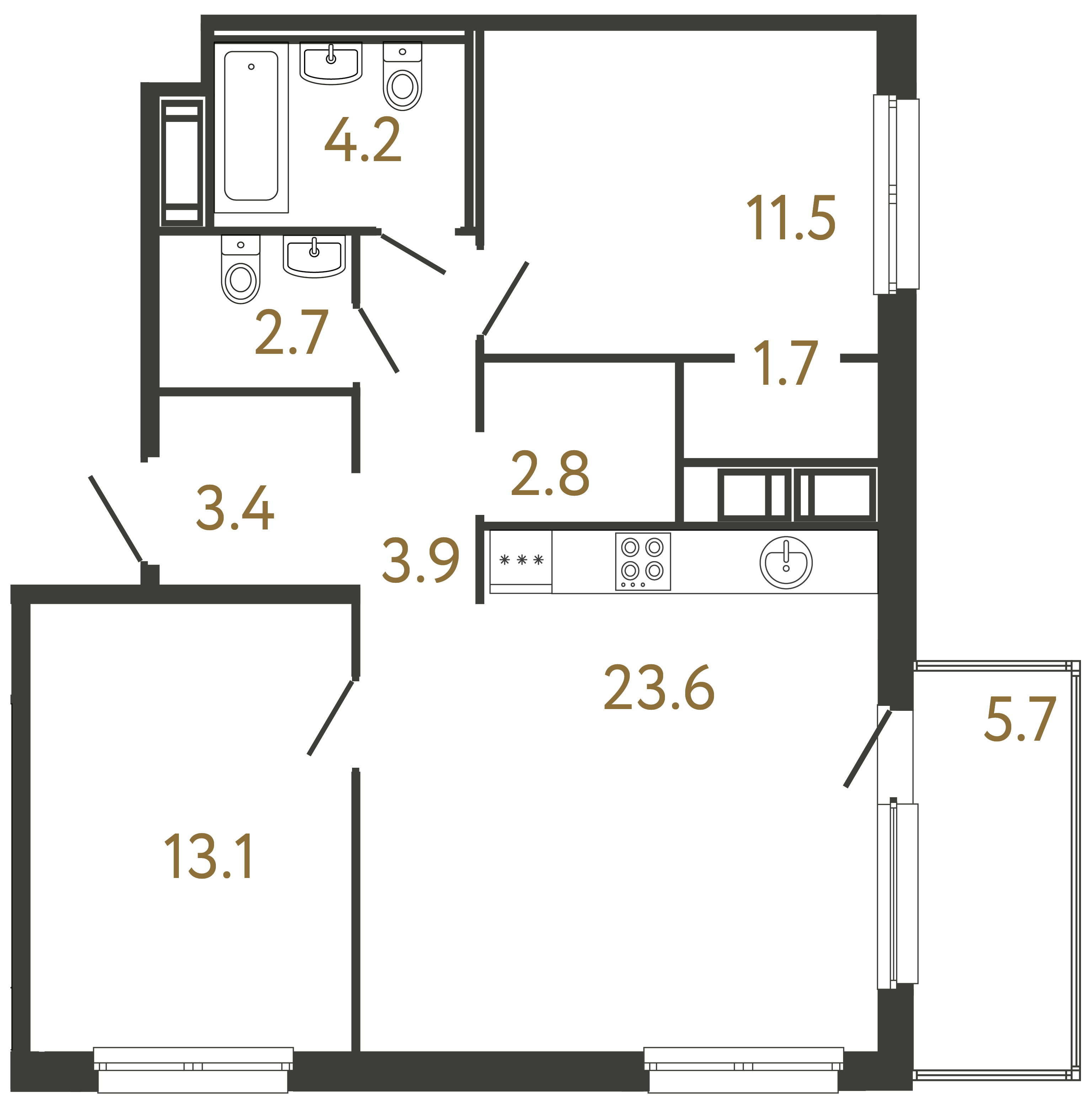 Двухкомнатная квартира 66.9 м²