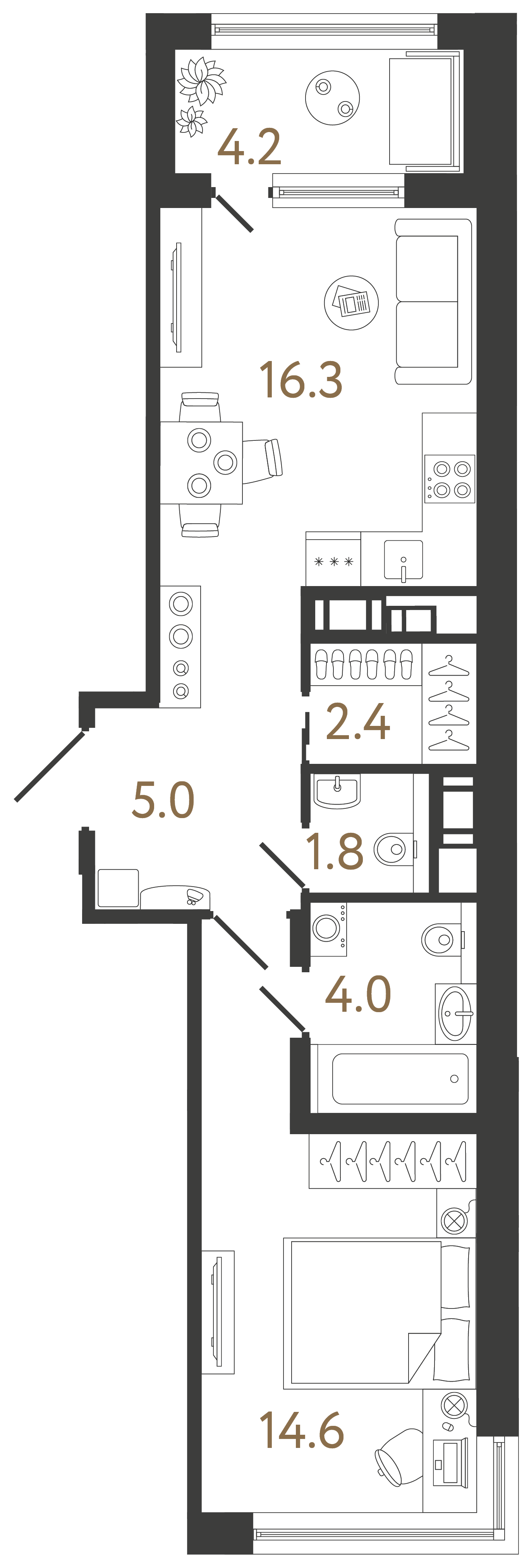 Однокомнатная квартира 44.1 м²