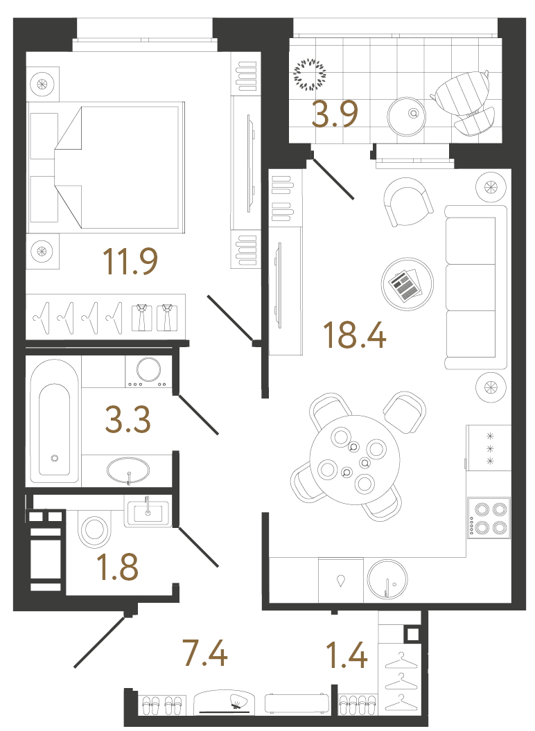 Однокомнатная квартира 44.2 м²