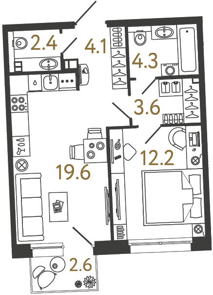 1-комнатная 46.2 м², 2 этаж