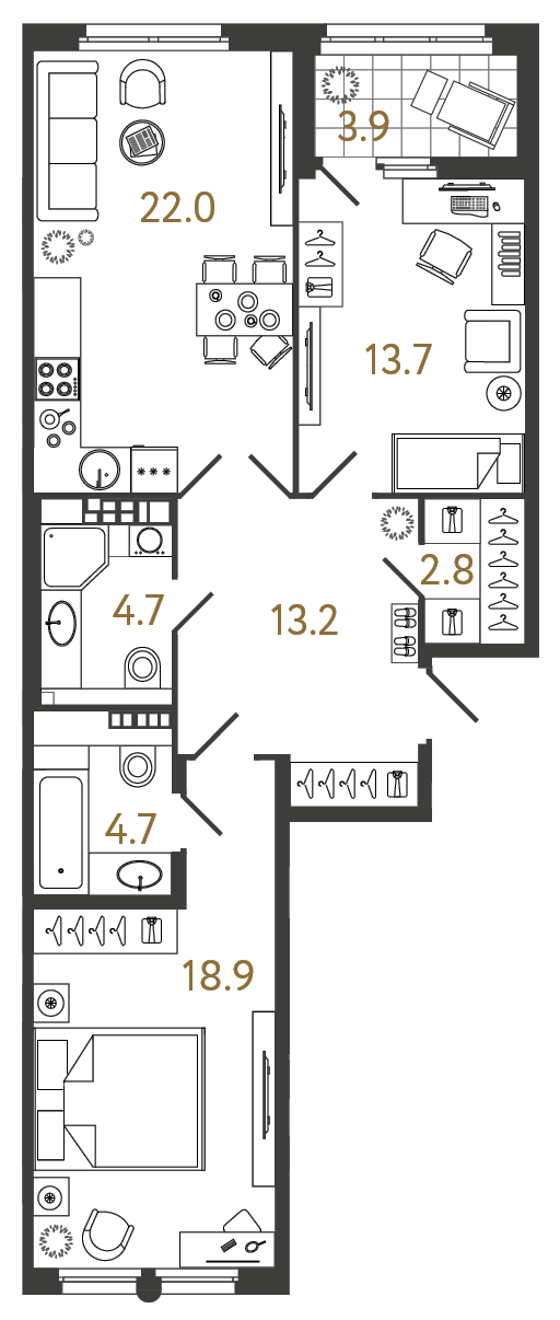2-комнатная 80 м², 6 этаж