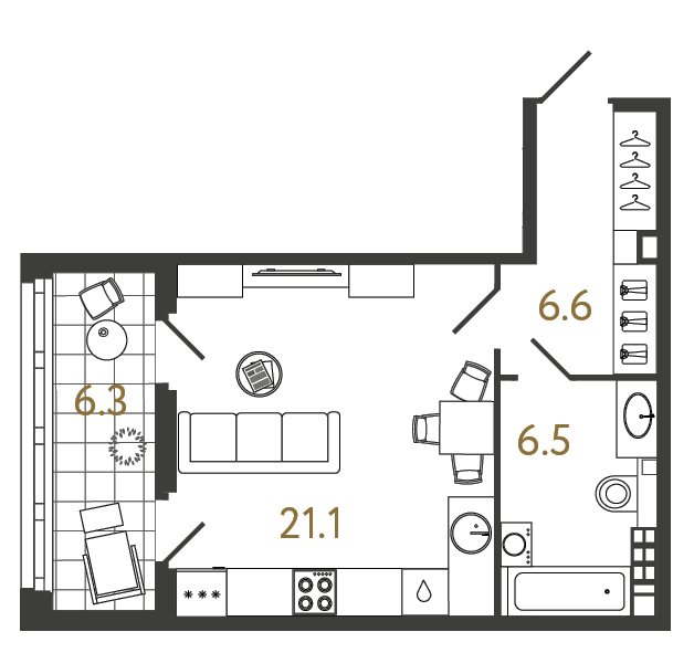 Студия 34.2 м², 5 этаж