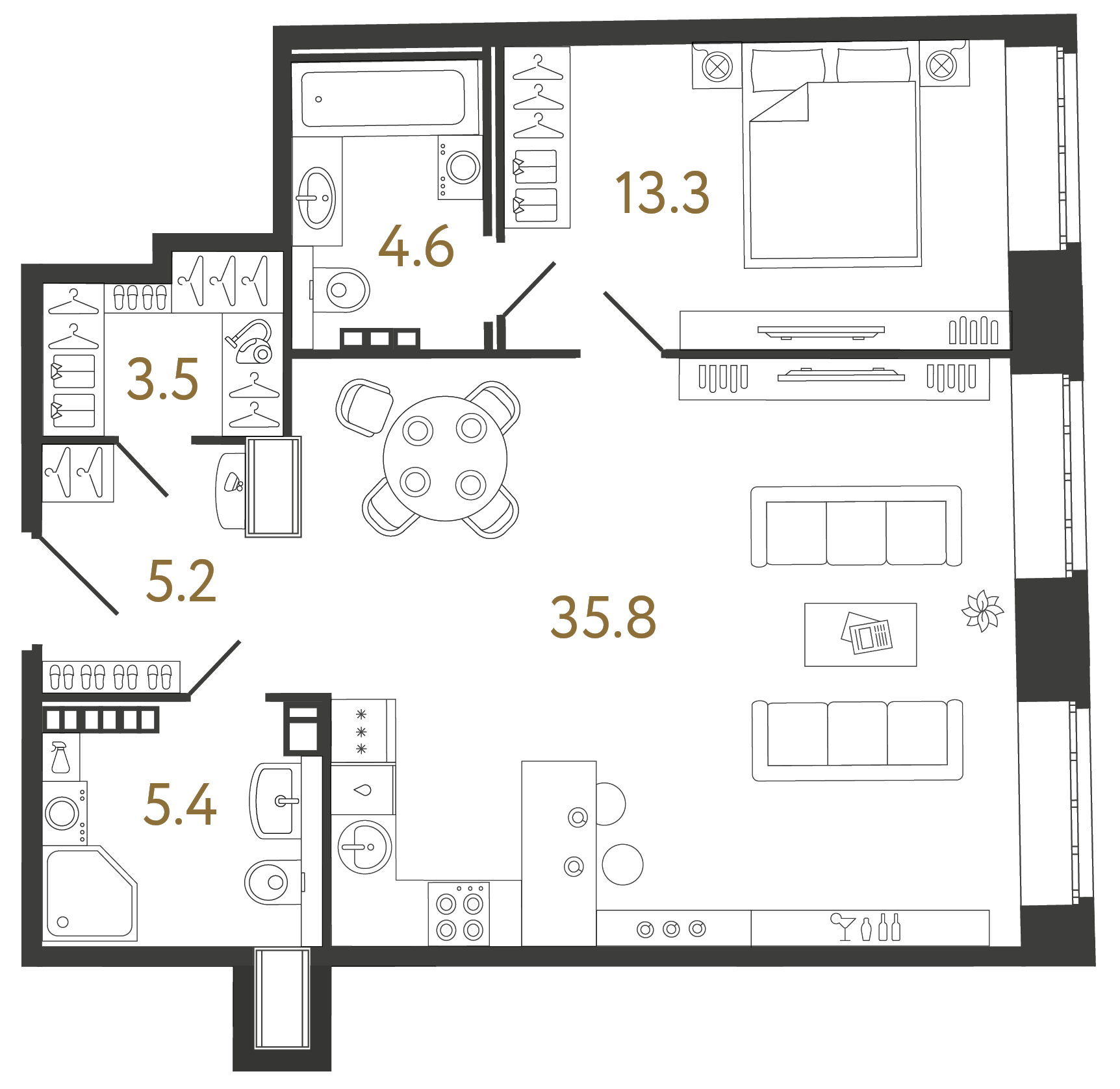 Однокомнатные апартаменты 67.8 м²