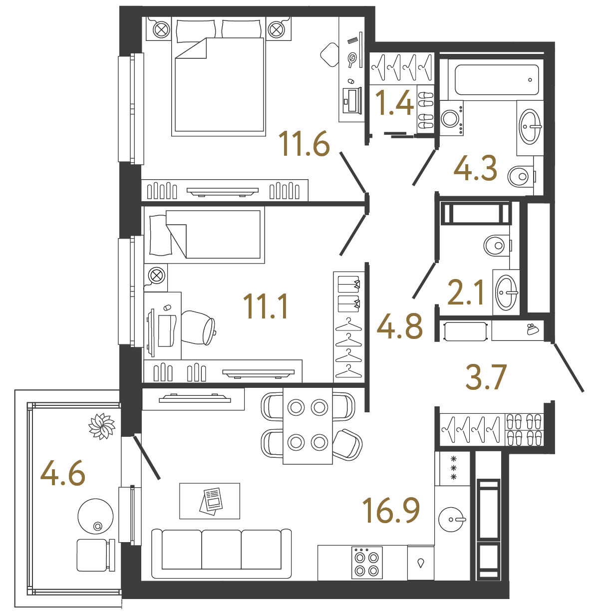 Двухкомнатная квартира 55.9 м²