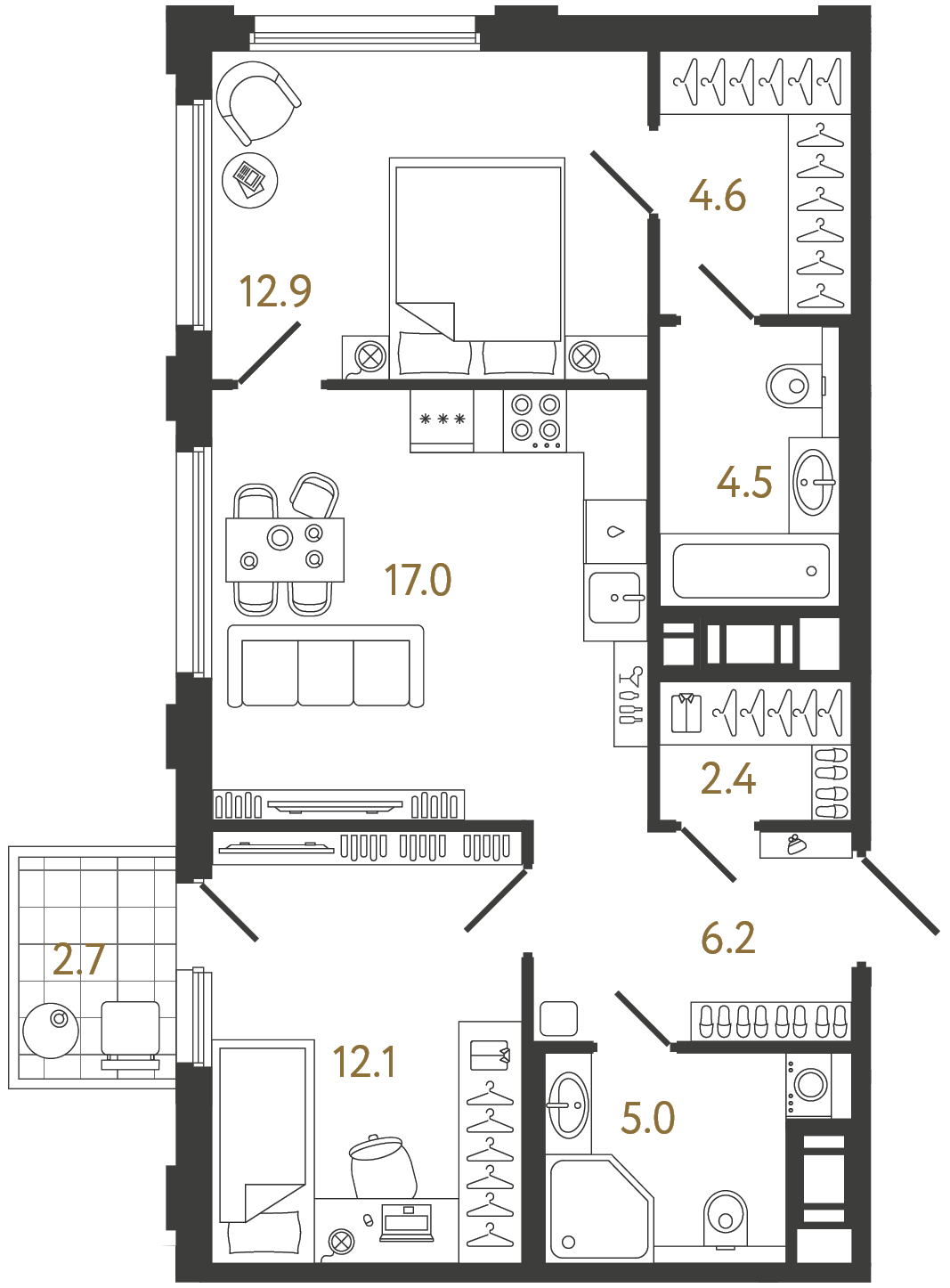 Двухкомнатная квартира 64.7 м²